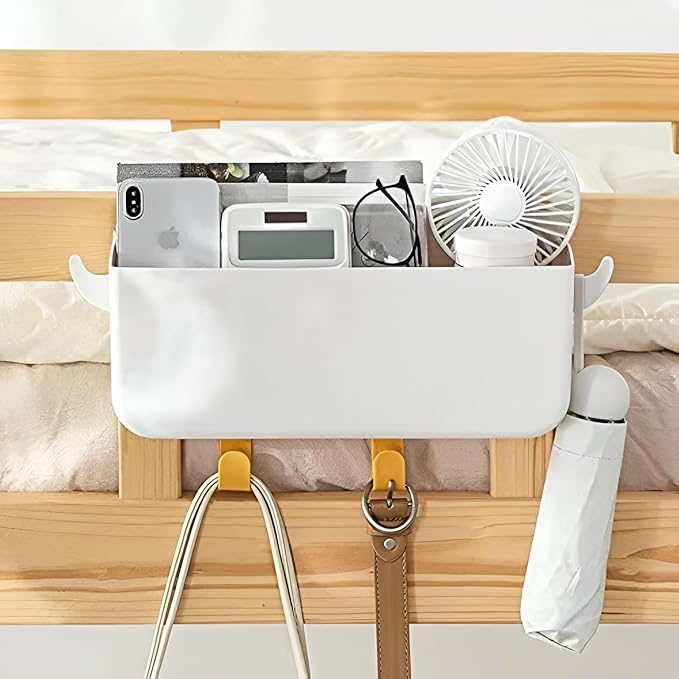 7UYUU Bunk Bed Shelf for Top Bunk Plastic Bedside Shelf Accessories for Kids Bunk Bed Caddy with Hooks For Bed Rail, White, 11 lbs Capacity