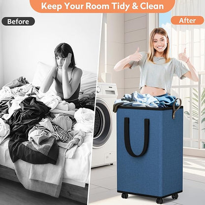 Laundry Basket with Wheels, Collapsible Laundry Baskets, Laundry Hamper with Handles Detachable Wheels, Rolling Laundry Basket, Dirty Clothes Hamper for Bathroom, Dorm, Bedroom, Navy, 100L