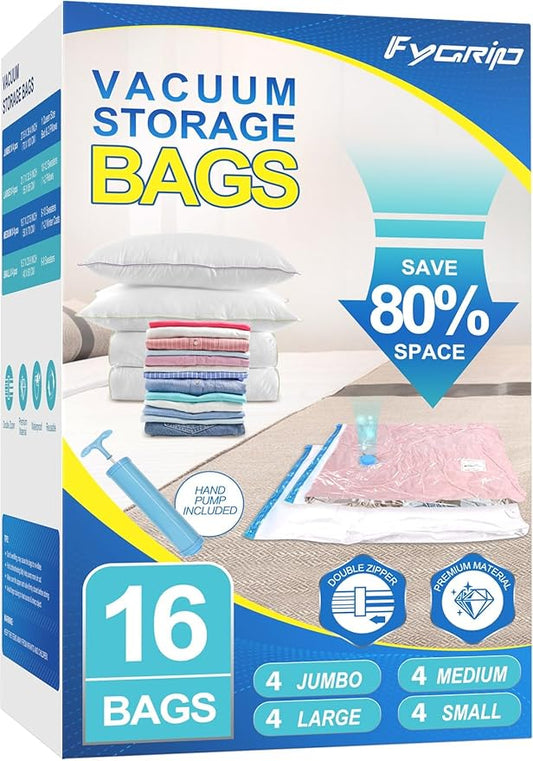 Fygrip 16 Combo Vacuum Storage Bags with Hand Pump, 4 Jumbo + 4 Large + 4 Medium + 4 Small Plastic Packaging Bags, 80% Space Saver Vacuum Seal Bags for Clothing, Travel Lugggage, Blankets, Comforters