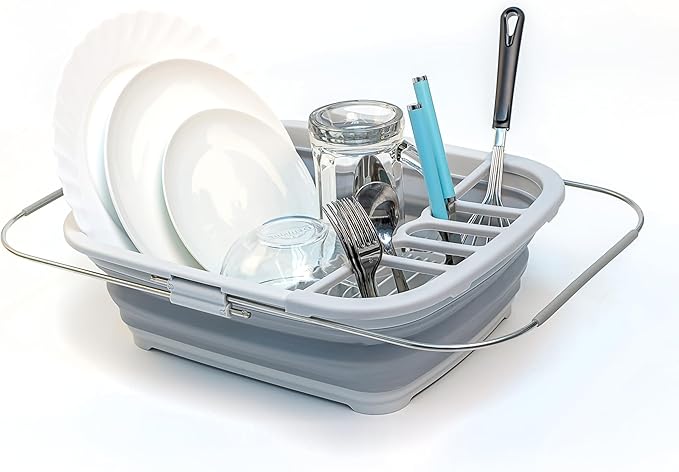 SAMMART 8L (2.11Gallons) Expandable Collapsible Dish Drainer - Foldable Drying Rack - Portable Dinnerware Organizer - Space Saving Kitchen Storage Tray (Grey, 1)