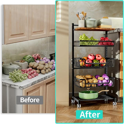 HapiRm Fruit Basket Kitchen Cart - 5 Tier Adjustable Vegetable Storage Rack, Large Capacity Rolling Kitchen Carts on Wheels for Snack Onion and Potato Storage