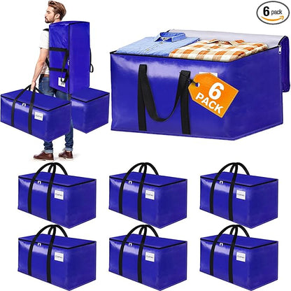 6-Pack Moving Bags with Backpack Straps & Carry Handles, 20 Gallons-76 L Heavy Duty Storage Totes for Space Saving, Foldable Storage Bags for College Dorm, Travel, Camping (Blue)