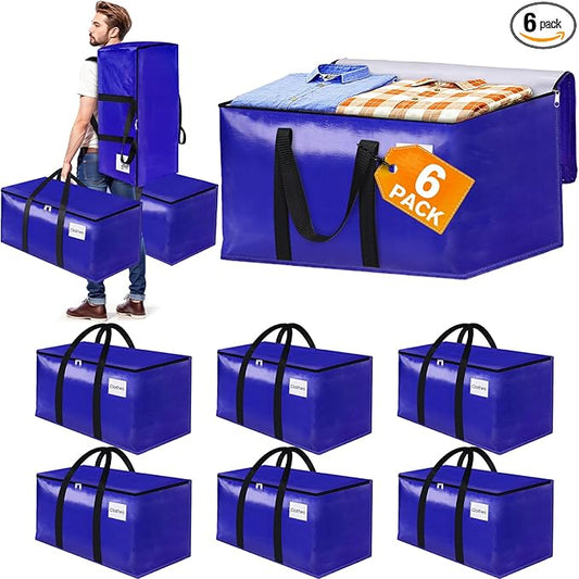 6-Pack Moving Bags with Backpack Straps & Carry Handles, 25 Gallons-93 L Heavy Duty Storage Totes for Space Saving, Foldable Storage Bags for College Dorm, Travel, Camping (Blue)
