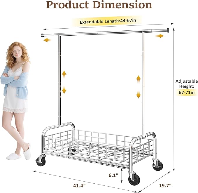Raybee Heavy Duty Clothes Rack 485 LBS, Rolling Clothing Rack with Storage Basket and Sturdy Wheels, Clothing Racks for Hanging Clothes, Wardrobe Closet Rack for Bedroom, Boutiques, Laundry, Silver