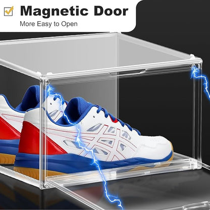3BBYJL 12 Pack Plastic Shoe Storage Boxes Fit US Size 13, Clear Stackable Shoe Display Case with Acrylic Magnetic Side Door, Shoe Containers for Sneaker Storage, Hats, Figure, Collectible