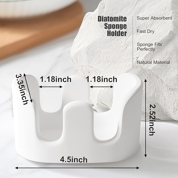 Slow Slog Double Sponge Holder, 2 Slot Diatomite Stone Sponge Holder, Absorbent Sponge Stand for Kitchen Sink, Quick Dry Sponge Caddy Kitchen Sink Organizer, White