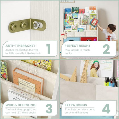 SEIRIONE Sturdy Kids Bookshelf, Children Display Rack, 4 Sling and 2 Storage Boxes for Toys Organizer, White/Wood Texture