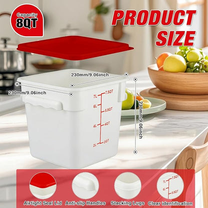 WELKOR Square Food Containers with Lids 4-Pack, Commercial Grade Airtight Plastic Bins for Restaurant Kitchen Pantry Storage, Freezer & Dishwasher Safe (Red, 8QT-4PACK)