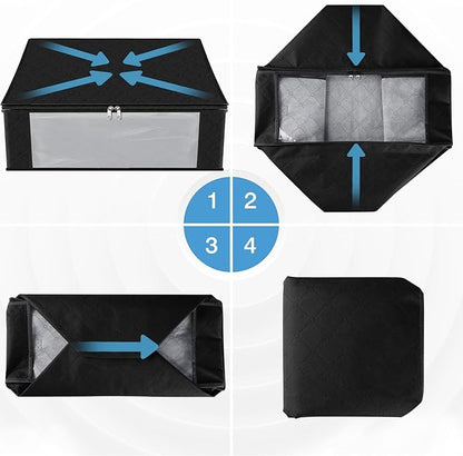 HomeHacks Storage 4-Pack Clothes Organizer Storage Bags Foldable Storage Box with Large Clear Window Sturdy Handles for Closet, Dorm, Pillows, Bedding, Clothes, Blankets, 35L, Black