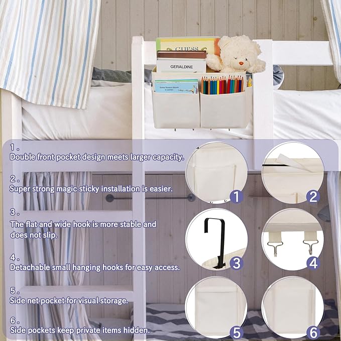 Frjjthchy Bedside Storage Organizer 5 Pockets with 4 Hooks Hanging Storage Bag for Headboards/Bunk Bed (2Pack White)