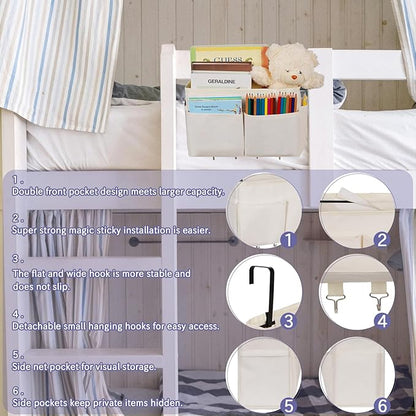 Frjjthchy Bedside Storage Organizer 5 Pockets with 4 Hooks Hanging Storage Bag for Headboards/Bunk Bed (2Pack White)