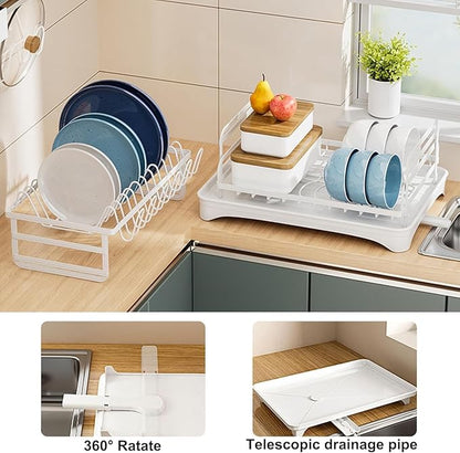 2-Tier Dish Drying Rack for Kitchen Counter - Space-Saving Dish Drainer with Extendable Drainboard, Removable Cutlery Holder, Cup & Knife Slots, Multifunctional Plate & Bowl Organizer (White)