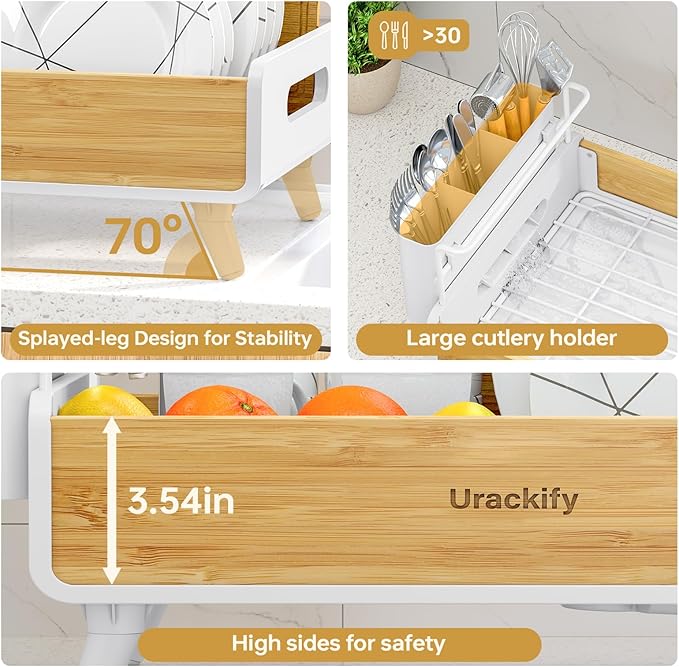Urackify Dish Drying Rack for Kitchen Counter – Stainless Steel & Bamboo Dish Rack, Drying Rack Kitchen with Large Removable Utensil Holder, Dish Drainer with Auto-Drain Drainboard, White