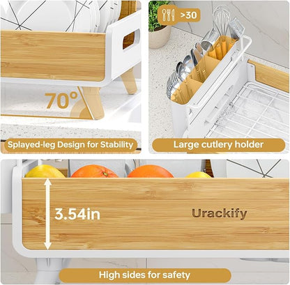 Urackify Dish Drying Rack for Kitchen Counter – Stainless Steel & Bamboo Dish Rack, Drying Rack Kitchen with Large Removable Utensil Holder, Dish Drainer with Auto-Drain Drainboard, White