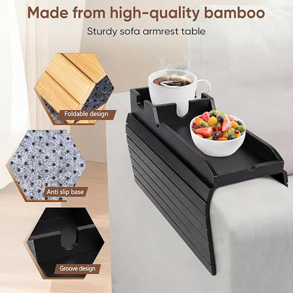 Foldable Bamboo Couch Arm Tray with Cup Holder - Anti-Slip Sofa Armrest Organizer for Drinks, Snacks, Remotes, Phones & More - Eco-Friendly Home Decor Gift (Black)