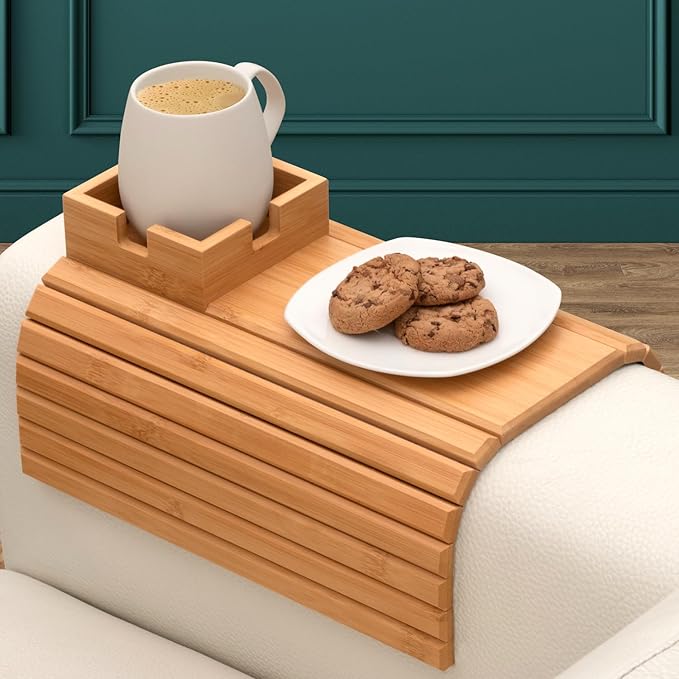 Bamboo Couch Cup Holder for Drink & Snack, Couch Arm Table & Couch Armrest Tray with Couch Cup Holder Tray Table for Couch, Recliner, or Loveseat, Couch Caddy.