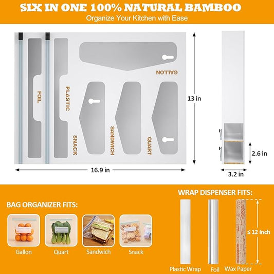 DALSHABET Bamboo Bag Organizer with Magnetic Closure, 6 In 1 Kitchen Drawer Foil and Plastic Wrap Dispenser with Cutter, Storage bag for Gallon, Quart, Sandwich, Snack White