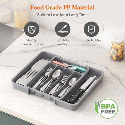 Lifewit Silverware Drawer Organizer, Expandable BPA Free Utensil Tray for Kitchen, Adjustable Flatware and Cutlery Holder for Spoons Forks Knives, Plastic Kitchen Organizers and Storage, Gray