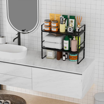 WEJIPP Cabinet Organizer Shelves,Expandable Cabinet Spice Racks,Stackable Pantry Counter Under Sink Shelves, Storage Shelves for Kitchen,Home,Office,3 Packs,10.24" D,Black