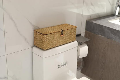 DOKOT Seagrass Woven Storage Basket with Lid, Rectangular Narrow Tampon Toilet Tank Organizer