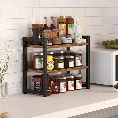 Kitchen Countertop Shelf Organizer, 3 Tier Large Kitchen Storage Spice Rack Cabinet Organizer with Metal Leg for Countertop Pantry, Coffee Bar Organizer, Bathroom Countertop Organizer, Rustic Brown
