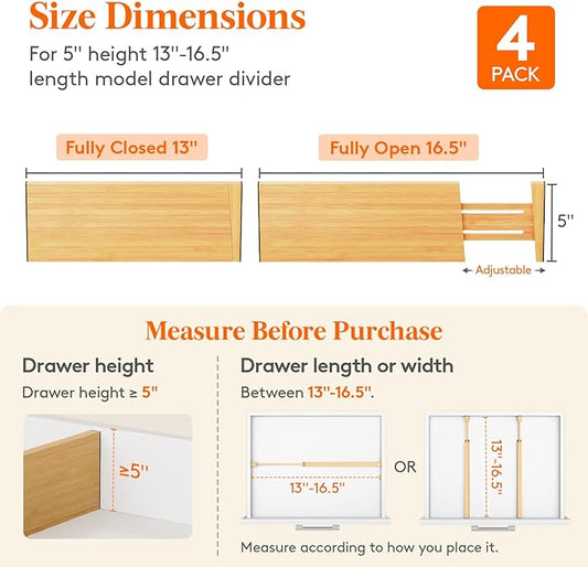 Lifewit 4 Pack 5" Deep Bamboo Drawer Dividers, 13-16.5" Expandable Drawer Organizers for Clothes, Adjustable Dresser Drawer Divider, Clothing Drawer Separators for Dresser, Bedroom, Bathroom, Kitchen