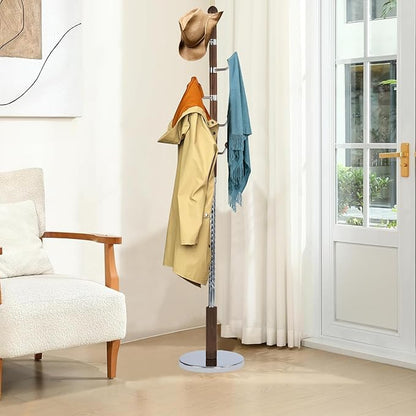 Wood Coat Rack Freestanding, Natural Coats Tree Stand with 14 Hooks, 73" Sturdy and Easy Assembly Coat Rack Stand for Entryway, Hallway, Bedroom, Bags, Hats (Metal Disc Base, Cherry Swivel Hook)
