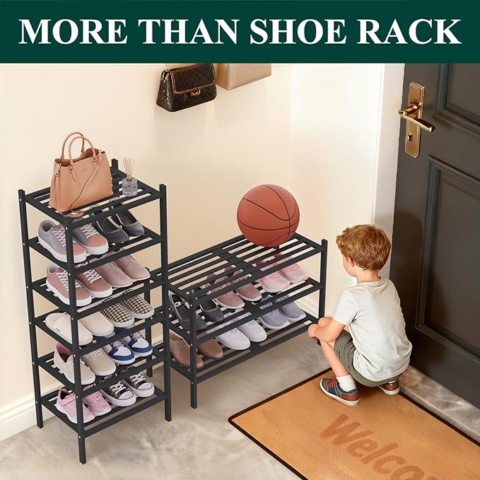 Smiry Long Bamboo Shoe Rack 3-Tier, Stackable Wooden Shoe Organizer for Entryway & Closet, Free Standing Wood Shoe Storage Shelf for Front Door & Small Spaces, Black