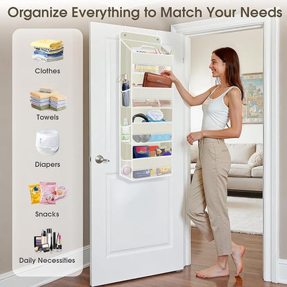 2 Pack Over The Door Organizer, Hanging Storage Organizer with Clear Window, 40lb Ultra Sturdy Large Capacity Room Organizer for Pantry Laundry Bathroom Nursery Closet (Beige)