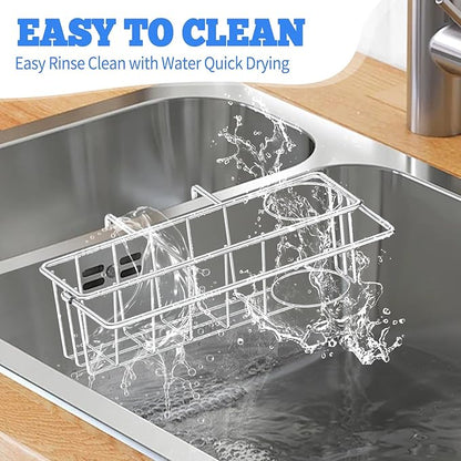 QMLALA Sponge Holder for Double Kitchen Sink, 3-in-1 Sink Caddy, Brush, Dish Towel, Sponge Sink Organizer Liquid Drainer Rack - SUS304 Stainless Steel