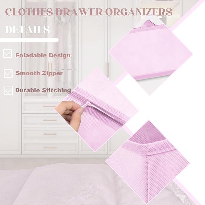 Mooisco 12 Pack Drawer Organizer Clothes, Fabric Closet Organizers and Storage, Foldable Cloth Storage Bins for Underwear Socks, Bra, Ties, Scarf, Belt, Hair Accessories, Pink