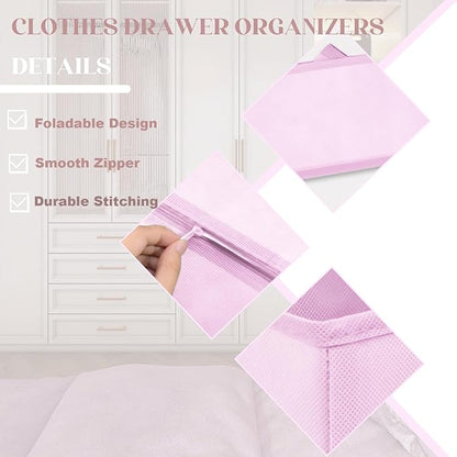 Mooisco 12 Pack Drawer Organizer Clothes, Fabric Closet Organizers and Storage, Foldable Cloth Storage Bins for Underwear Socks, Bra, Ties, Scarf, Belt, Hair Accessories, Pink