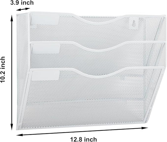 EASEPRES 3 Pocket Mesh Hanging Wall File Organizer, Wall Mounted Mail Paper Document Folder Holder, Clipboard Storage Organization Magazine Rack with Nametag Label for Office Home School, White