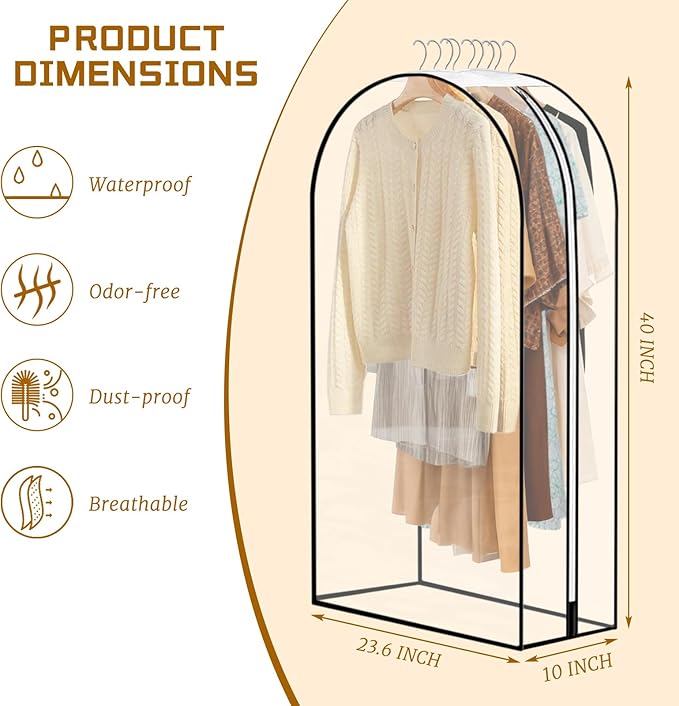 40" Long Clear Garment Bag for Hanging Clothes with Zippers, 10" Gusseted Hanging Plastic Clothes Cover for Suit, Coat, Dress, Shirt
