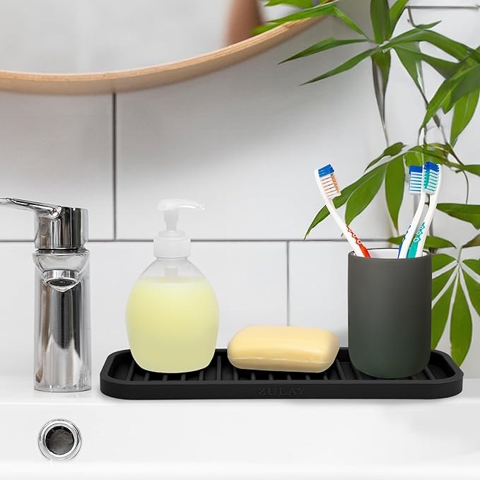 Zulay Kitchen (9x3.5) Silicone Sponge Holder for Kitchen Sink - Flexible Multipurpose Soap Tray Sponge Holder - Sink Organizer Tray for, Bathroom, Makeup, Trinkets & More (Black)