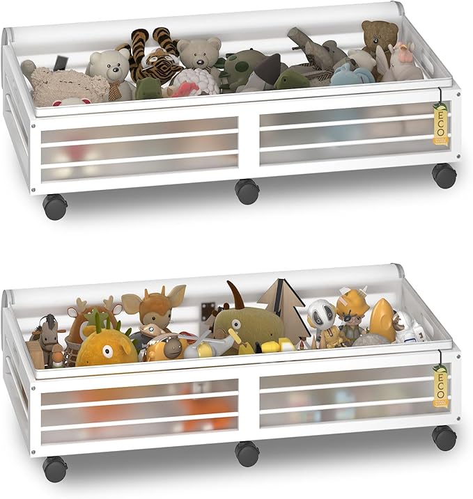 Bamboonova Bamboo Underbed Storage Containers with Wheels & Bag 2 Pack, Large Under Bed Rolling Storage Bins Wood Under Bed Clothes Storage Stackable Drawers for Bedroom Closet Under Crib Toy(White)