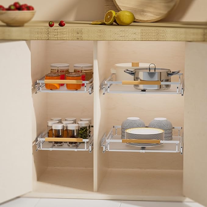Pull Out Cabinet Organizers,Expandable Slide Out Storage Shelves,D:17.1” x W:12”-18.3” Stainless Steel Storage Drawers,3 Packs of Heavy Duty Gliding Cupboard Shelves for Home Kitchen Pantry Cupboard