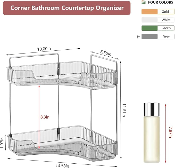 Weidace Corner Bathroom Counter Organizer Bathroom Countertop Shelf Makeup Organizer for Vanity Perfume Tray for Corner Storage (2 Tiers, Grey)