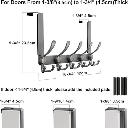 Dseap Over Door Hook 2.0 - Upgraded Version - Simple-Assembly, Strong, Heavy-Duty Stainless Steel 5-Tri-Hook Over The Door Hanger Rack, SimpleStrong Series, Grey, Pack of 2