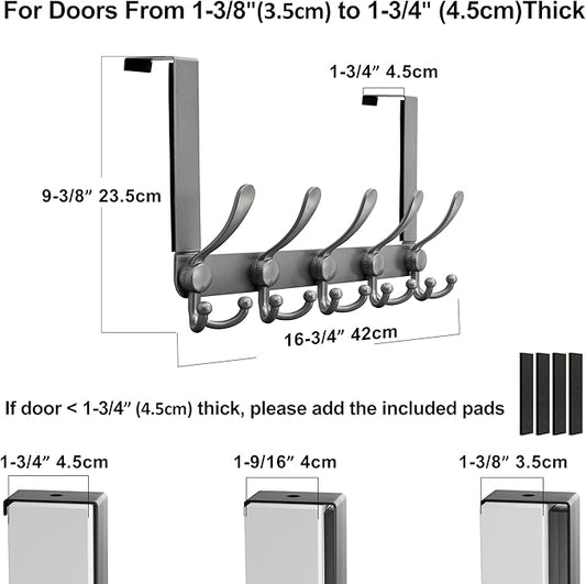 Dseap Over Door Hook 2.0 - Upgraded Version - Simple-Assembly, Strong, Heavy-Duty Stainless Steel 5-Tri-Hook Over The Door Hanger Rack, SimpleStrong Series, Grey, Pack of 2
