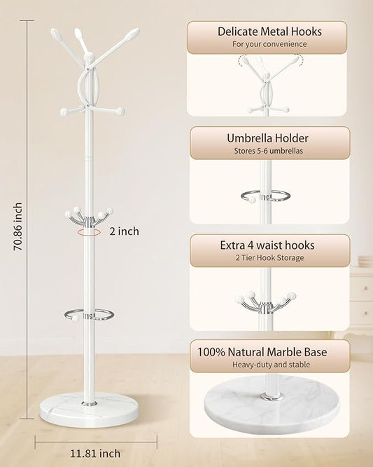 Metal Coat Rack with Natural Marble Base,Coat Rack Stand with 10 Hooks & Umbrella Holder,Modern Freestanging Coat Racks,White Standing Coat Jacket Hanger Tree Stand for Corner Entryway