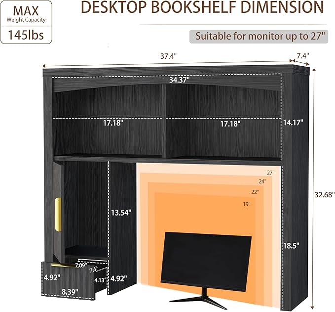Desktop Shelf, Wooden Desk Hutch with Storage, Desktop Bookshelf with Cabinet and Drawer, Office Desk Organizer, Space-Saving Organization, Over Desk Storage Shelves for Home, Dorm, Black