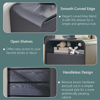 Aitjunz 25" Tall Modern Nightstand with Charging Station, 23.6'' Wide Wood Bedside Table w/2 Storage Drawers, Large Mid Century End Table for Bedroom, Living Room, Curved Profile Design, Black