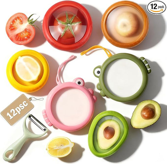 Set of 12 Fresh Food Containers with 2 Fruit Peeler, Fresh Pod, Reusable Silicone Storage Pods for Avocado, Onions, Tomatoes, Garlic – Freshness Seal for Fridge, Send Goods from Local Warehouse