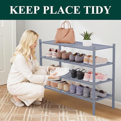 Smiry Long Bamboo Shoe Rack 4-Tier, Stackable Wooden Shoe Organizer for Entryway & Closet, Free Standing Wood Shoe Storage Shelf for Front Door & Small Spaces, Grey