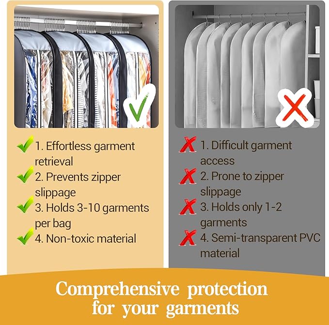 4 Pack 10" Gusseted Garment Bags for Hanging Clothes, 43" Long Suit Bags for Closet Storage with Handles Side Clear Garment Covers with Zipper for Coat, Dress, Jacket, Sweaters, Shirt, Gowns (Grey)