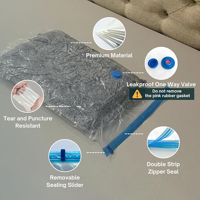 Nellivia 8 Mega Jumbo XXL Vacuum Storage Bags with Pump, Supersized Compression Space Saver for Comforter, duvet, Bedding, Blanket storage, Vacuum Seal Bags for Clothing, Durable Safe Poly Material