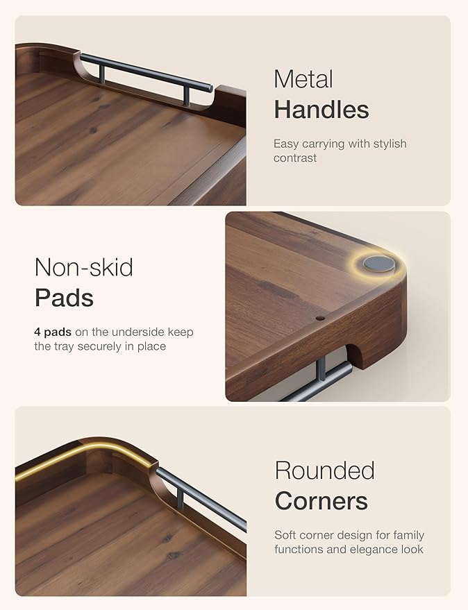 Ottoman Tray for Living Room – 17"x13" Rectangle Serving Tray with Handles – Acacia Wooden Tray for Coffee Table, Living Room, Breakfast in Bed – Decorative Trays for Ottoman (Walnut Color)