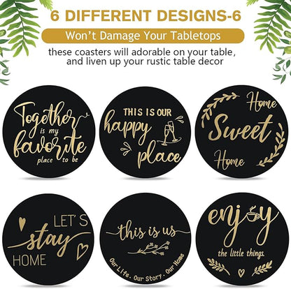 Queekay Coasters Set of 6 House Warming Gifts New Home Wooden Farmhouse Drink Coasters with Holder 4'' Funny Decoration for Kitchen Family Coffee Bar Tabletop Protection(Black Gold)