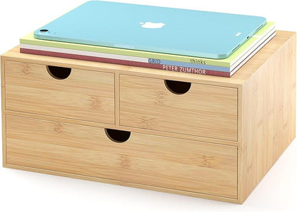 Bamboo Desk Drawer Organizer, Large Desktop Organizer with Drawers Tabletop Storage Organization Box for Office Home Toiletries Supplies Vanity, No Assembly Required (L-3 Drawers)